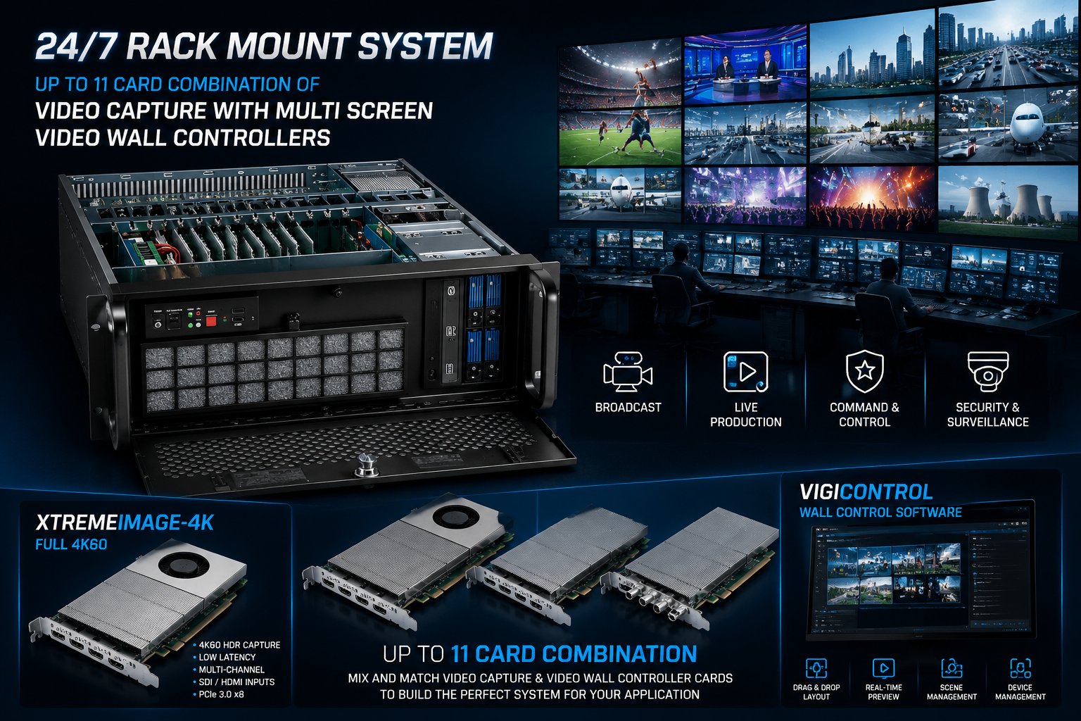 24/7 rack mount video wall controller system, up to 11-card combination, managed by VigiControl